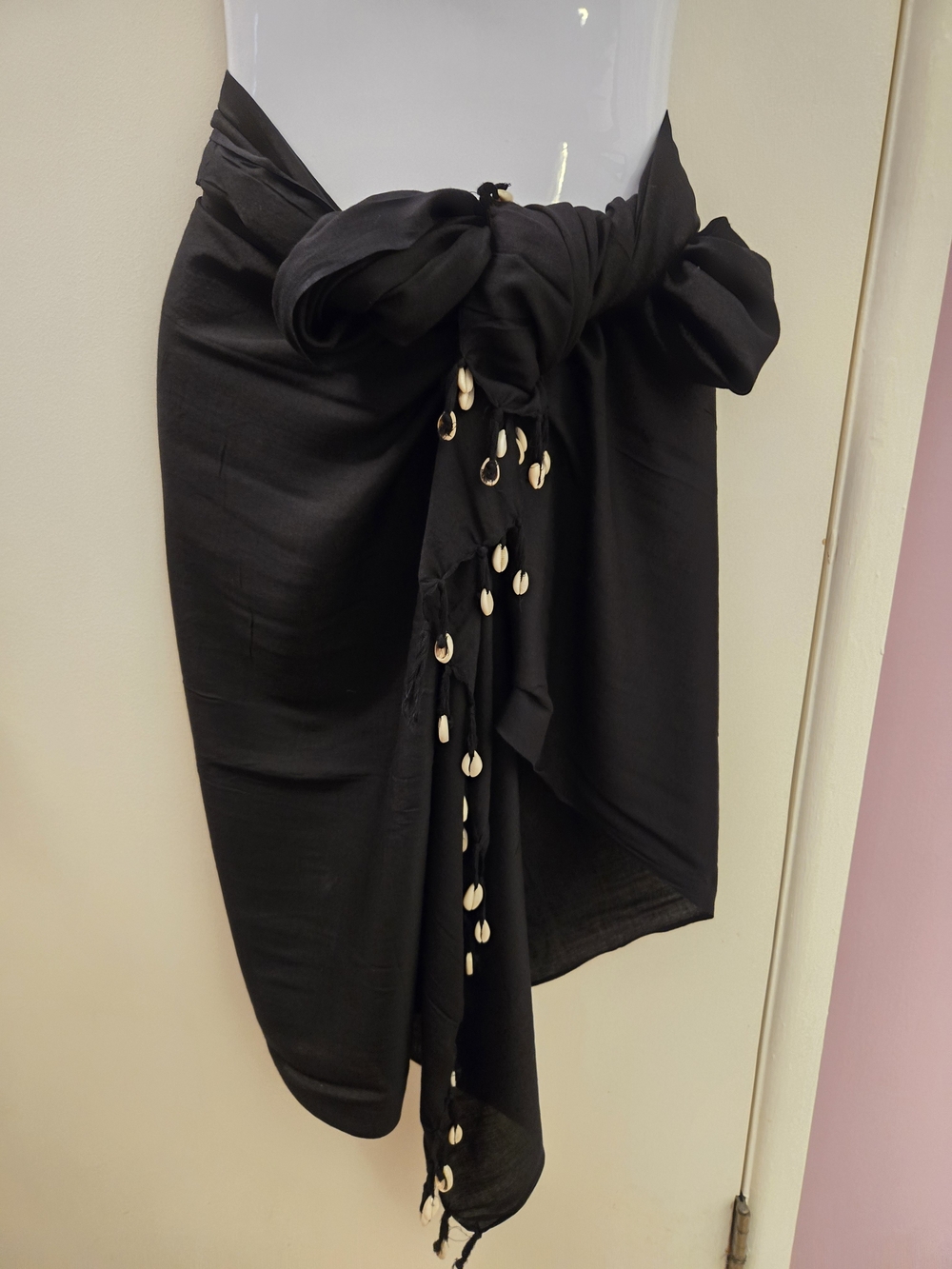 Black Wrap Skirt with Shell Tie,great for bathing suits.